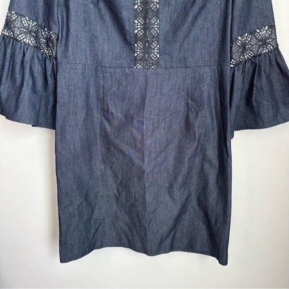 The Limited Denim Shift Dress 3/4 Bell Sleeve Womens Sz 8 Blue Crochet Lace Trim - Picture 2 of 9